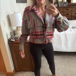 SO Cropped Plaid Jacket in Gray, Pink and Yellow